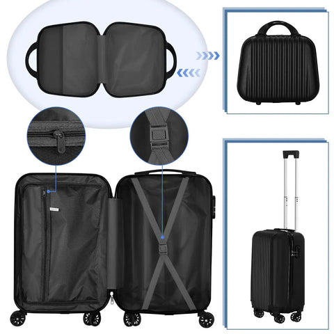 Two Piece Hardside Luggage Set With 20 Inch Carry On Spinner Suitcase And 14 Inch Stackable Travel Handbag ABS Durable Lightweight Trolley For 1 To 4 Day Trips TSA Friendly Jet Black, interior and exterior view