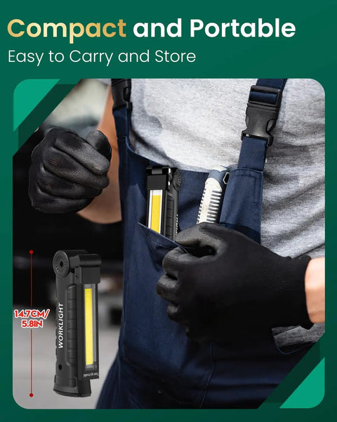 Person holding a Rechargeable LED Work Light With Magnetic Base 360 Degree Rotation 5 Modes Foldable Portable in pocket.