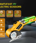 Cordless Electric Scissors Go To Box Cutter For Cardboard And More, 4V Rechargeable Box Cutter With Storage Case, Yellow, showcased with features on display.