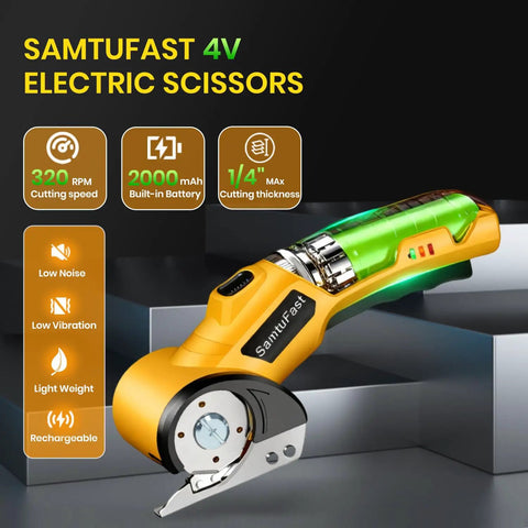 Cordless Electric Scissors Go To Box Cutter For Cardboard And More, 4V Rechargeable Box Cutter With Storage Case, Yellow, showcased with features on display.