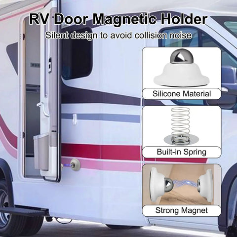 RV showing Magnetic RV Door Holder Keeps Doors Open Hands Free for Motorhomes Travel Trailers and Campers White Finish Durable