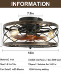 Dope Industrial Cage Ceiling Fan With Light Remote Control 20 Inch Low Profile Flush Mount Farmhouse Style Black Iron Cage