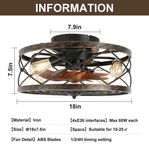 Dope Industrial Cage Ceiling Fan With Light Remote Control 20 Inch Low Profile Flush Mount Farmhouse Style Black Iron Cage