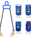 Heavy Duty 2000 Lb Chain Drum Lifter For 55 Gallon Steel And Plastic Barrels With Top Lip showing hooks and examples of compatible barrels.