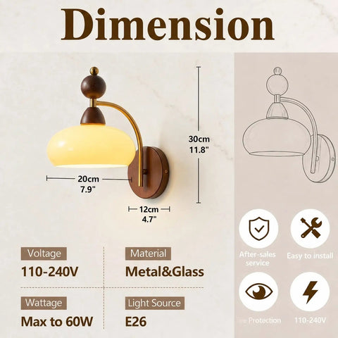 Dimensions and specifications of 2 Pack Rechargeable Vintage Wooden Wall Sconces RGB Battery Operated Lights shown on wall.