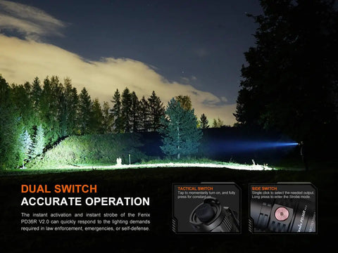 PD36R V2.0 1700 Lumen USB Type C Rechargeable EDC Tactical Flashlight illuminating forest scene at night with dual switch feature diagram