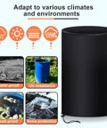 Built Tough 55 Gallon Drum Cover For Outdoor Water Storage Barrel With Grip Tight Drawstring Closure. Black waterproof cover on a barrel.