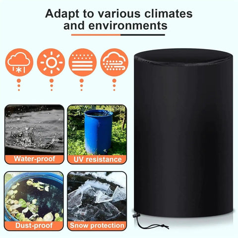 Built Tough 55 Gallon Drum Cover For Outdoor Water Storage Barrel With Grip Tight Drawstring Closure. Black waterproof cover on a barrel.