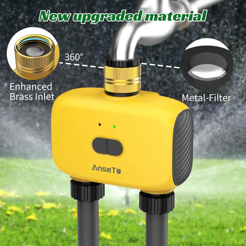 WiFi Sprinkler Timer Two Zone With App Control For Travel, Smart Irrigation System, showing brass inlet and metal filter
