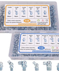 230 Piece SAE And Metric Grease Fittings Kit in box with 1/4, 1/8, M6, M10 sizes, including 45 and 90 degree zerk angles.