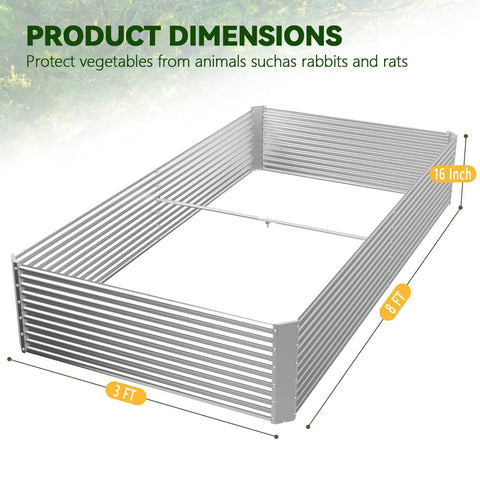 Diagram of a two-pack tall 8 foot raised garden bed, corrugated galvanized steel, 8 by 3 feet, showing dimensions and protection use.