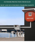 Built Tough Outdoor Rain Canopy For Ev Charger Wall Box Cover weatherproof shelter mounted over EV charger outdoors with QR code.