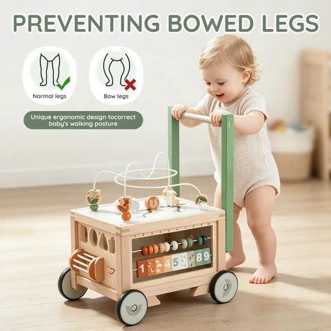 Rock Solid Wooden Baby Walker With Interactive Activity Cube Built Tough For Toddler First Steps, ergonomic design for posture.