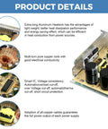 24V 10A Switching Power Supply 240W AC to DC for LED Strip Lights, Adjustable 110V 220V Input, Safe High Efficiency DC Output, Ideal for Home, Office, and DIY Projects. Aluminum case with copper coil and IC close-up.