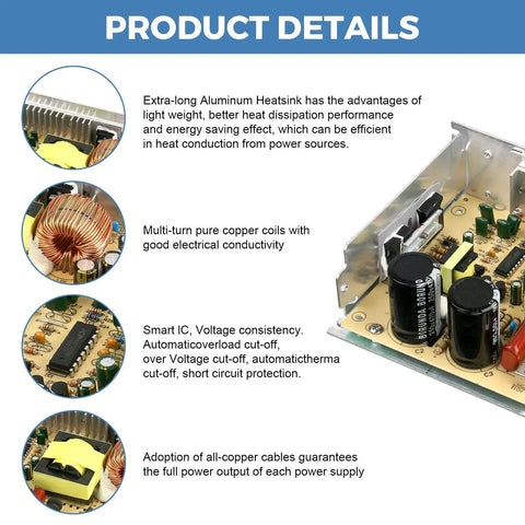 24V 10A Switching Power Supply 240W AC to DC for LED Strip Lights, Adjustable 110V 220V Input, Safe High Efficiency DC Output, Ideal for Home, Office, and DIY Projects. Aluminum case with copper coil and IC close-up.