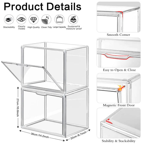 4 Piece Clear Acrylic Handbag Storage Organizer Set For Closet With Large Capacity Easy Access Stackable Display Boxes With Magnetic Doors For Purses Clutches Wallets Hats And More, showing product dimensions and features.