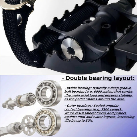 Close-up of alloy-composite bike pedal with adjustable toe clips, dual sealed bearings diagram, showing smooth 360 degree spin.
