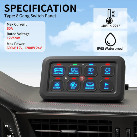 8 Gang Switch Panel With RGB LED Lights mounted on vehicle dashboard, showcasing touch control and multifunction buttons.