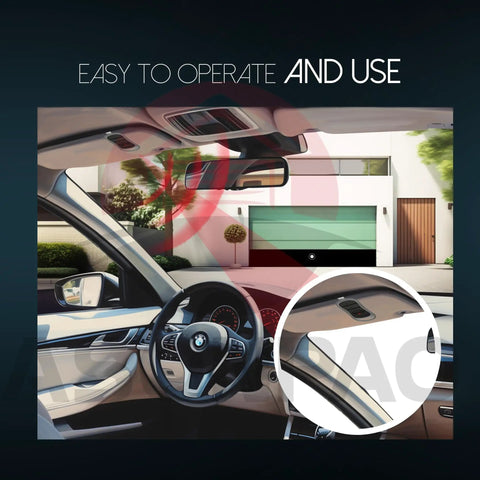 Car interior with a view of a garage door, highlighting remote use for Two Pack G3T R Remote Replacement For Genie Garage Door Opener With Auto Seek And Easy To Pair Rolling Code FCC Certified And Three Year Warranty Great For DIY Projects And Quick Replacement In Busy Homes And Garages.