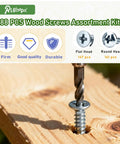 Drill driving a screw into wood, Beefy 288 Piece Screws Set For Wood And Metal Projects Self Tapping Round Head And Flat Head Screws