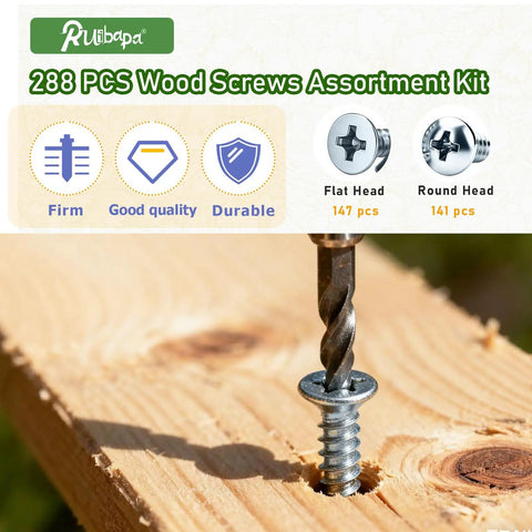 Drill driving a screw into wood, Beefy 288 Piece Screws Set For Wood And Metal Projects Self Tapping Round Head And Flat Head Screws