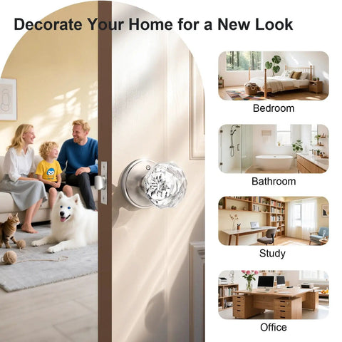 Privacy Glass Door Knob For Bedroom And Bathroom With Lock In Dope Satin Nickel Finish, Diamond Clear Crystal Knob On Victorian Plate Rosette, Vintage Interior Door Hardware To Elevate Any Door installed on an interior room door.