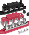 Beefy 48V 400A Bus Bar Power Distribution Block With Four Three Eighths Inch Posts And Three Number Ten Screw Terminals For Car Boat Marine Durable, red and black