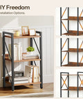 Rock Solid 3 Tier Industrial Bookshelf Featuring Dark Wood Grain Shelves, Slim Metal Frame Storage Rack Built Tough For Apartments And Offices, Zero Fuss Setup That Instantly Elevates Your Space with varying shelf setups.