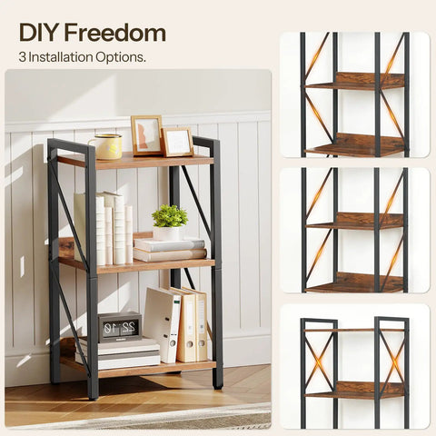 Rock Solid 3 Tier Industrial Bookshelf Featuring Dark Wood Grain Shelves, Slim Metal Frame Storage Rack Built Tough For Apartments And Offices, Zero Fuss Setup That Instantly Elevates Your Space with varying shelf setups.
