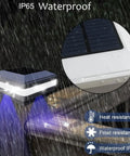 4x4 Solar Post Cap Light No Hassle Easy Install With 52 LEDs, IP65 waterproof in rain, close-up of solar panel and light, white shell.