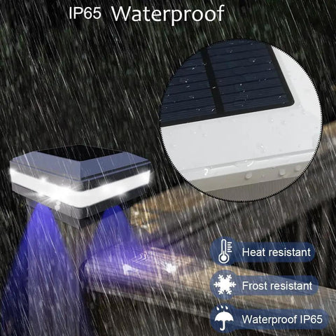 4x4 Solar Post Cap Light No Hassle Easy Install With 52 LEDs, IP65 waterproof in rain, close-up of solar panel and light, white shell.