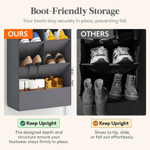 Six Tier Over The Door Shoe Organizer With Deep Fabric Pockets Keeps Your Kicks Neat, showing boots and shoes stored securely in gray.