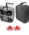 AT9S 10CH 2.4G Radio Transmitter with handy carry case and rocker mount displayed with two red protective mounts