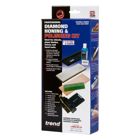 Packaging of Pro Grade Diamond Whetstone Honing And Polishing Kit For Sharpening Router Bits Chisels Knives And Planer Blades Monocrystalline Diamond For Fast Clean Stock Removal And Precision Edge Sharpening, showing contents and features.