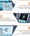 Display features of Two-In-One Soldering Iron And Hot Air Rework Station Kit with auto sleep, temperature conversion, and protection settings.