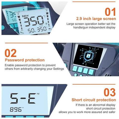 Display features of Two-In-One Soldering Iron And Hot Air Rework Station Kit with auto sleep, temperature conversion, and protection settings.