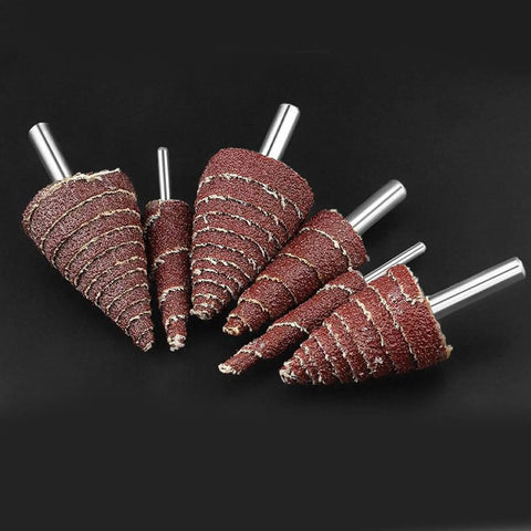 Premium 5 Pcs Cone Shaped Sanding Flap Wheels With 3mm And 6mm Shank for grinding metal and wood, showcasing different sizes.