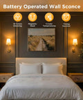 No Wiring Headaches Premium Gold Wall Sconces Set Of Two Battery Operated Cordless Light Fixtures With E26 Socket And Rechargeable Bulbs Sleek Modern Room Decor And Quick Install in a stylish bedroom setting.