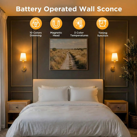 No Wiring Headaches Premium Gold Wall Sconces Set Of Two Battery Operated Cordless Light Fixtures With E26 Socket And Rechargeable Bulbs Sleek Modern Room Decor And Quick Install in a stylish bedroom setting.