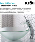 Tall Waterfall Vessel Sink Faucet With Frosted Glass Disk In Chrome Finish as a modern bathroom centerpiece displayed near a frosted sink.