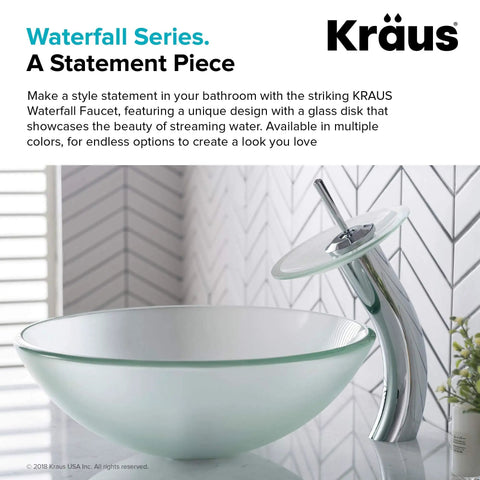 Tall Waterfall Vessel Sink Faucet With Frosted Glass Disk In Chrome Finish as a modern bathroom centerpiece displayed near a frosted sink.