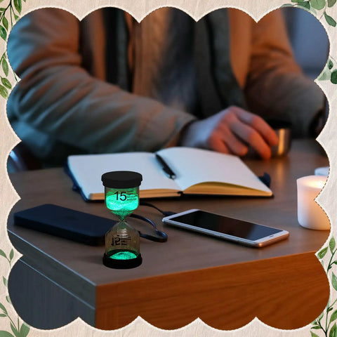 Five Colorful Luminous Sand Timers Set Of Five 1 3 5 10 15 Minute Hourglasses Glow In The Dark With Protective Cover on desk