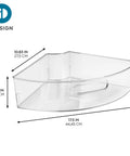 Clear Plastic Quarter Wedge Bin Fits Tight In Corner Cabinets Boosts Space Lazy Susans Store Spices Condiments Pantry Goods with dimensions.