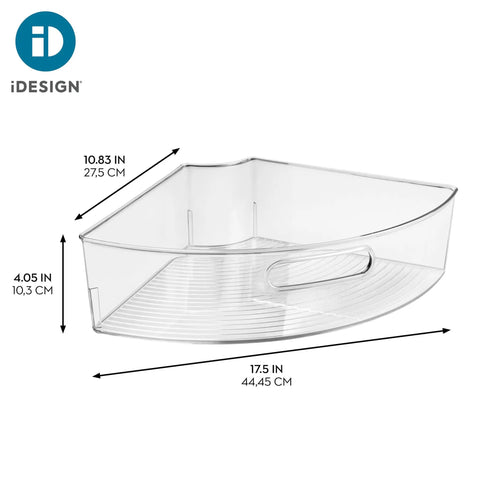 Clear Plastic Quarter Wedge Bin Fits Tight In Corner Cabinets Boosts Space Lazy Susans Store Spices Condiments Pantry Goods with dimensions.