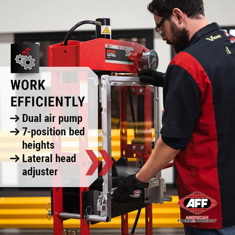 A person operating a 20 Ton Hydraulic Shop Press With Dual Air Motor And 7 Position Bed Height Polycarbonate Shield in a workshop.