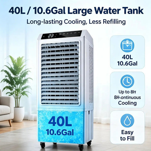 No Hose Portable Swamp Cooler Indoor Standing Air Conditioner With 120 Degree Wide Auto Oscillation And A Massive 10.6 Gallon Tank with large water tank.