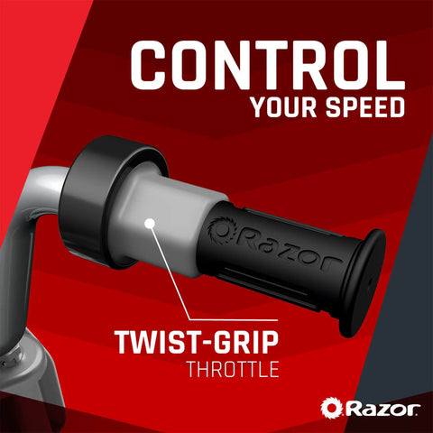 Close-up of twist grip throttle on Kids Electric Dirt Bike For Ages 8 And Up With 24V Battery, Speeds Up To 14 MPH, 30 Minute Ride Time.