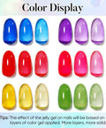 Color swatches for Jelly Gel Nail Polish Set 6 Piece Soak Off UV LED Kit For Women Vegan Cruelty Free HEMA Free TPO Free Non Toxic.