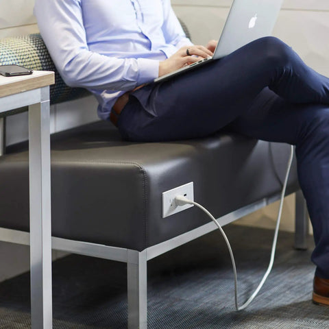 Radiant Furniture Power Center With USB C And USB A Recessed Power Strip 2 Outlets 10 Foot Cord White Low Profile Mount on bench
