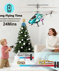 Heavy Duty RC Helicopter For Kids With LED Lights, 2.4GHz Remote, flying near Christmas tree, child operating remote, woman observing